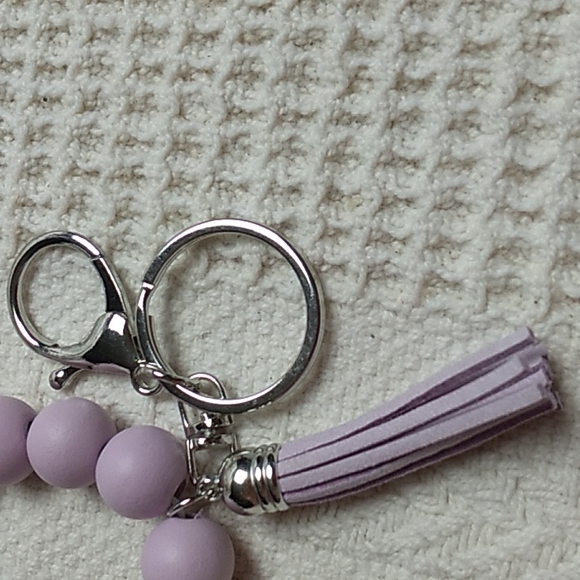 Wooden Keychain Purple, Green & Gray on stretchy cord w Purple tassel #13 - Picture 2 of 3